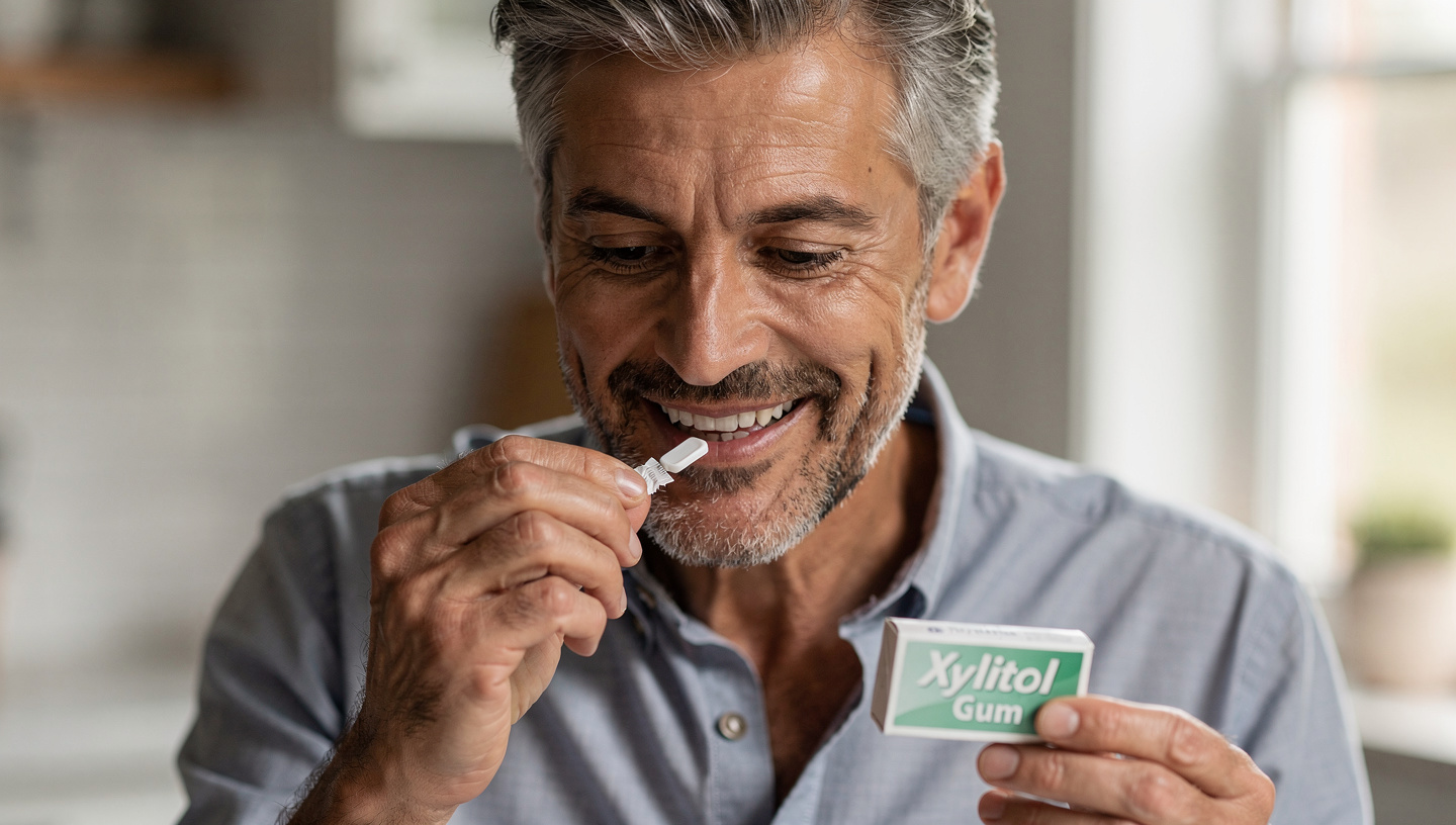 happy man taking xylitol gum