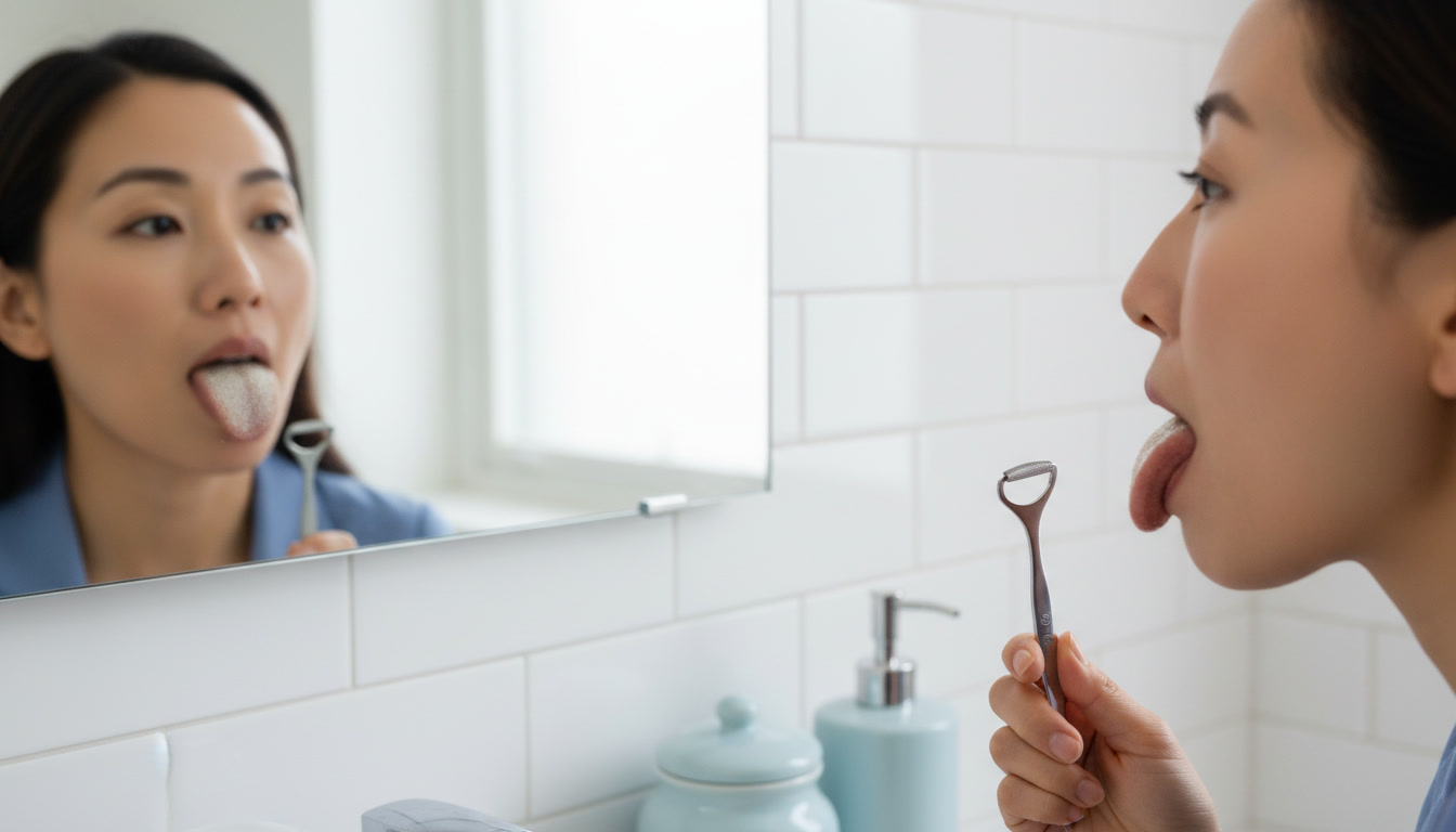 woman with tongue scraper