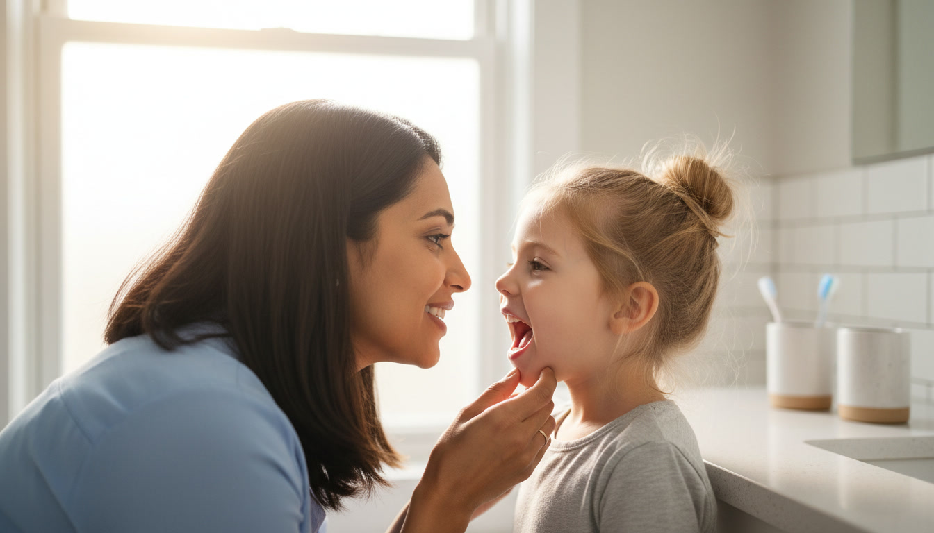 mother checking bad breath in kids