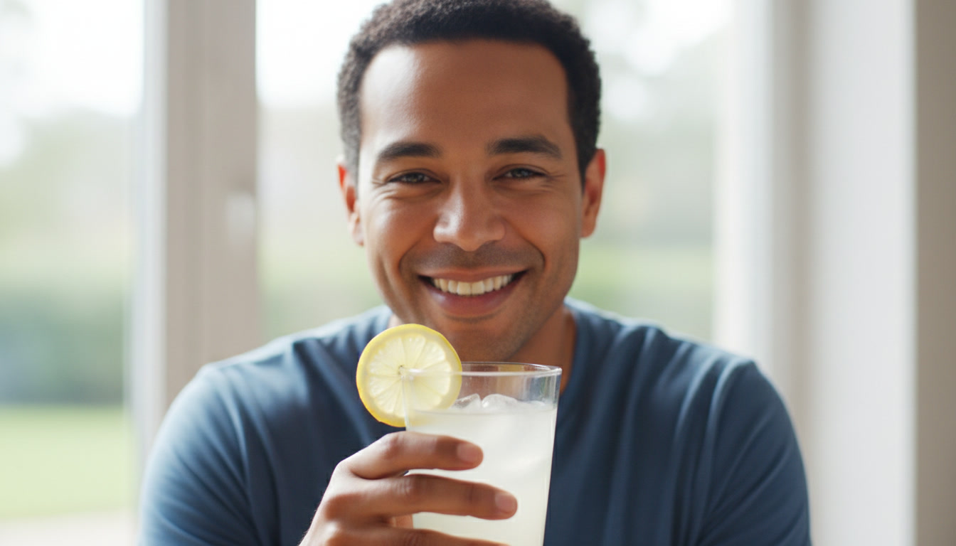 man holding lemon water