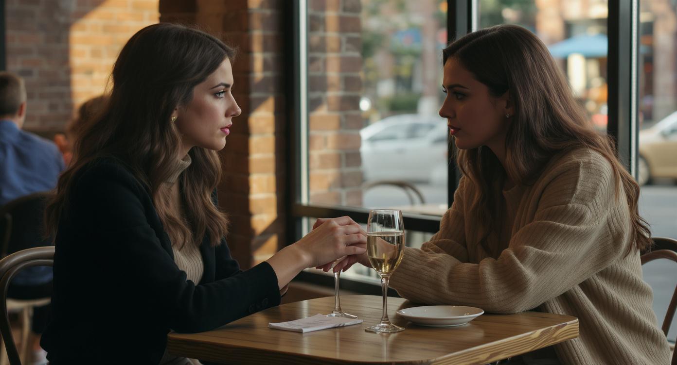 Two women having a serious conversation at a cafe table