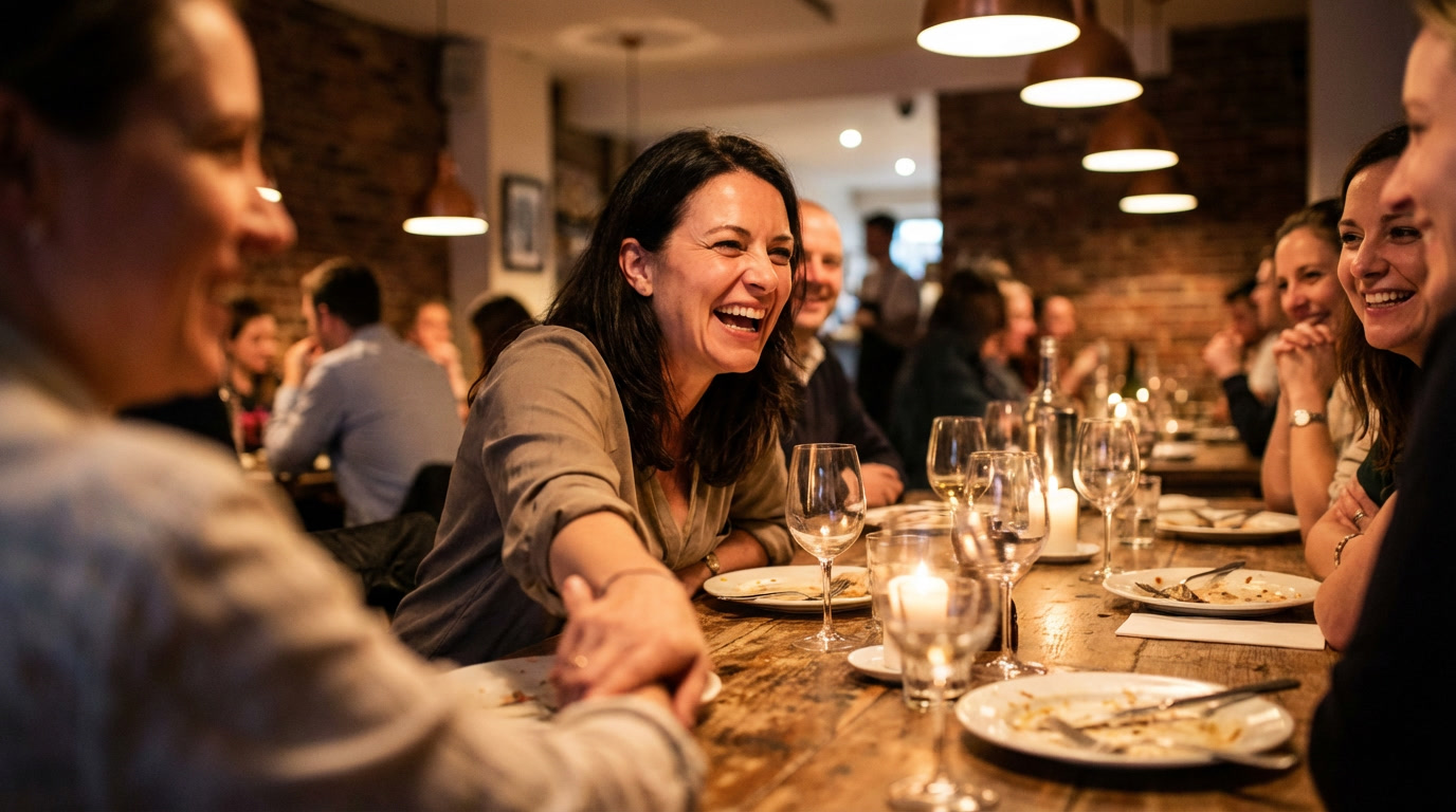 Woman laughing freely with friends at a dinner table