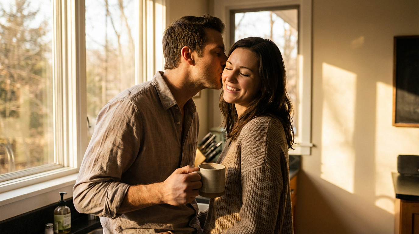 Husband giving wife a spontaneous kiss in the kitchen